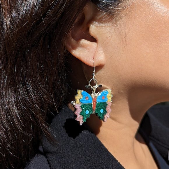 Native American Jewelry Butterfly Earrings‎ Multi Stones Inlay Zuni Handmade*** - Picture 6 of 9